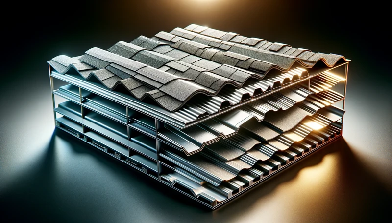 4d realistic, high definition photograph with cinematic lighting comparing different types of impact resistant roofing materials. the image includes