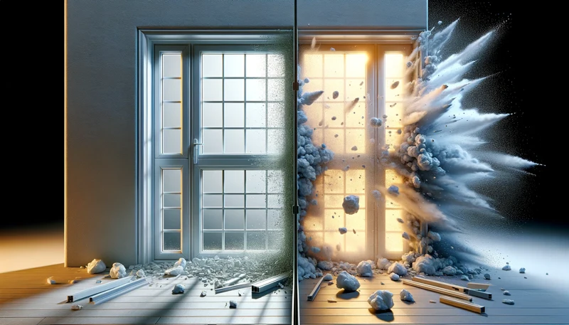 4d realistic, high definition photograph with cinematic lighting comparing standard windows and doors with impact resistant ones. the image includes