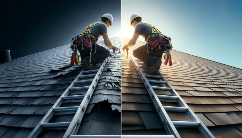 4d realistic, high definition photograph with cinematic lighting of a professional roofing inspector on a ladder closely examining a roof with aspha