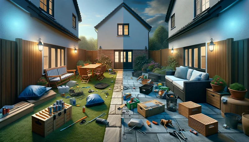 4d realistic, high definition photograph with cinematic lighting showing a before and after comparison of a yard with properly secured outdoor items