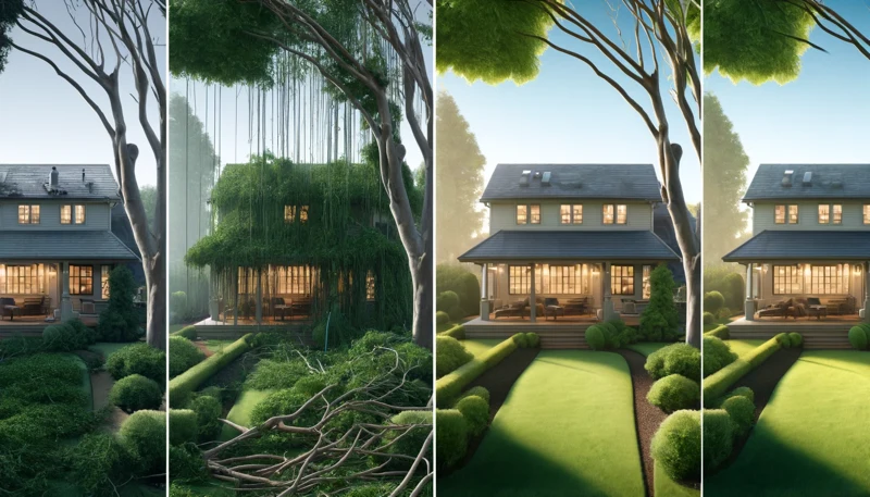 4d realistic, high definition photograph with cinematic lighting showing a before and after comparison of tree trimming around a home. the 'before'