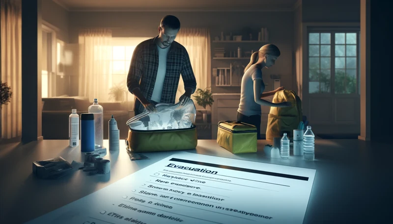 4d realistic, high definition photograph with cinematic lighting showing a family preparing for evacuation. the image includes family members packin