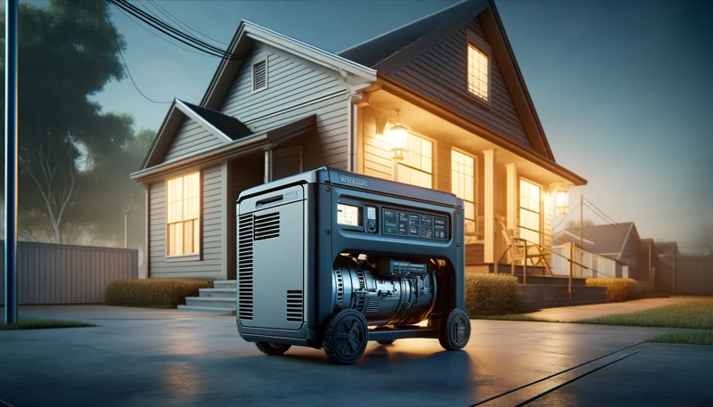 4d realistic, high definition photograph with cinematic lighting showing a home generator setup. the image includes a generator installed outside a