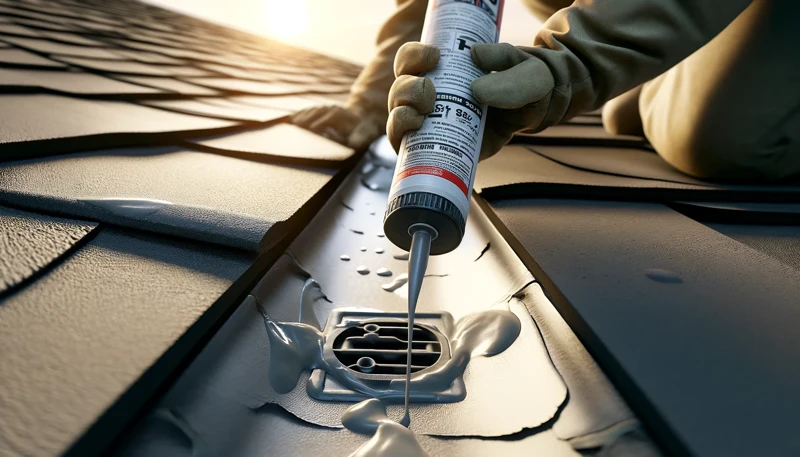 4d realistic high definition photograph with cinematic lighting showing the application of waterproof sealant around roof flashing and vents. the i