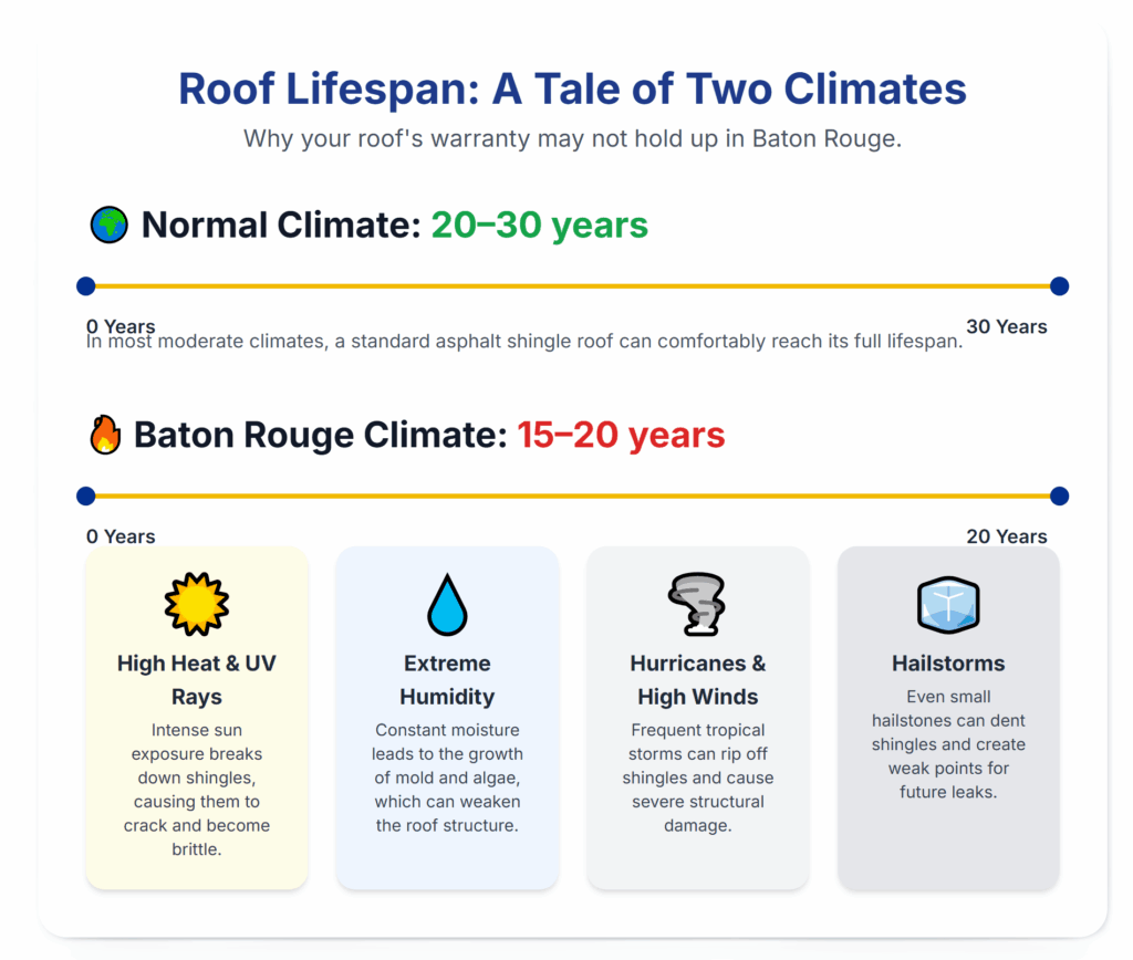 roof lifespan baton rouge vs normal climate