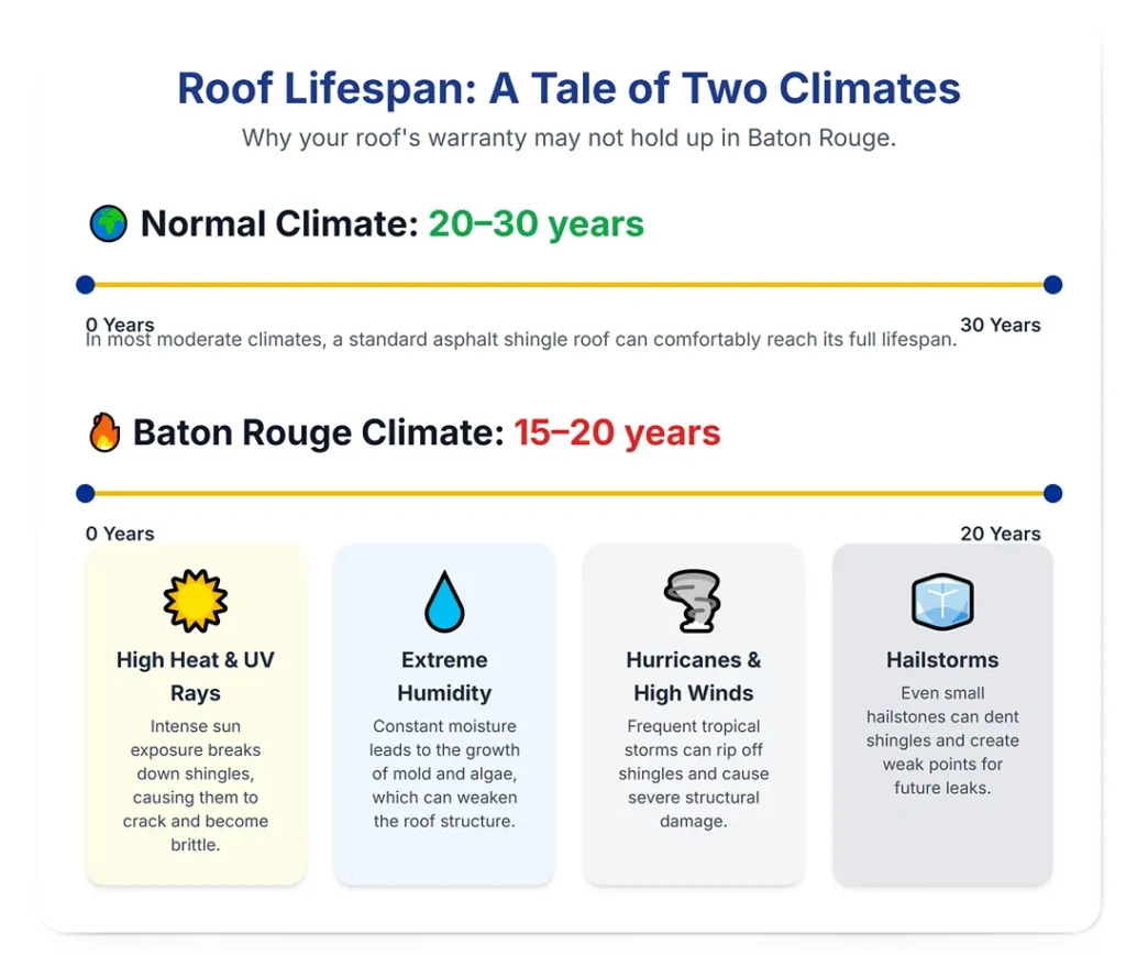 roof lifespan baton rouge vs normal climate