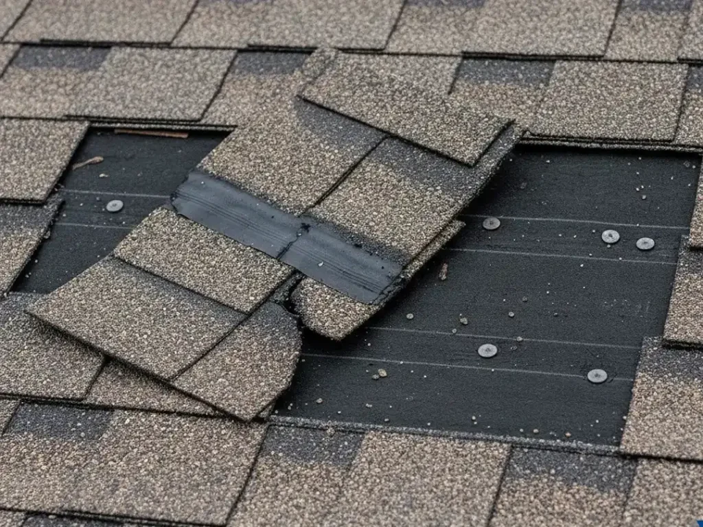 damaged asphalt shingle roof missing section