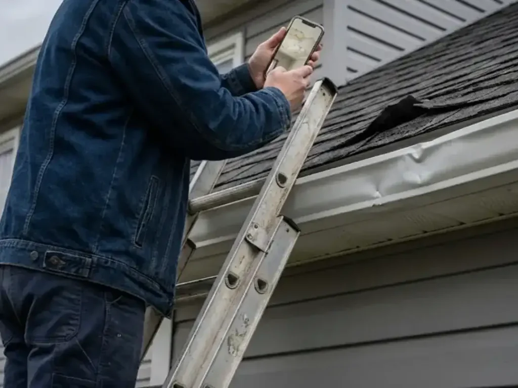 man on ladder photographing damaged roof and gutter