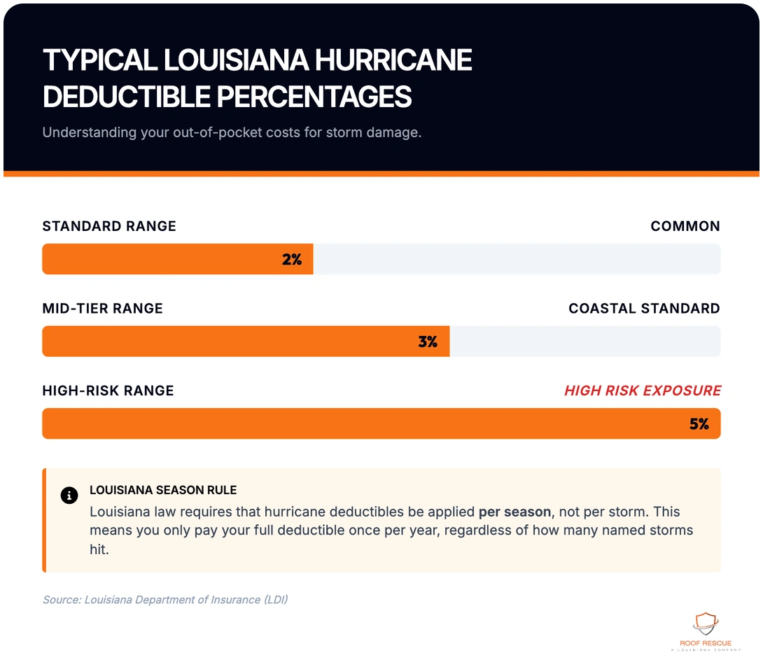 Louisiana hurricane deductible percentages with example math showing 1%, 2%, and 5% calculations across home values
