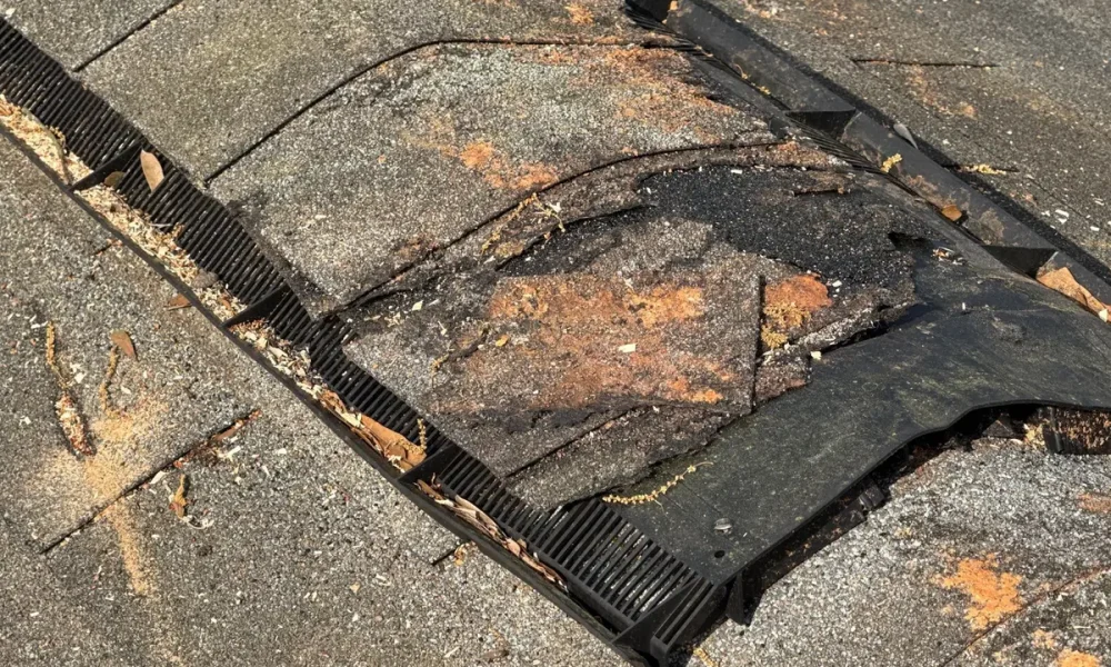Crushed section of ridge vent and torn shingles along a hip where a falling limb struck the roof
