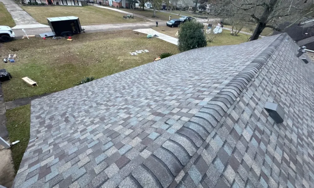 Finished shingle roof and ridge line on a Central, LA roof replacement by Roof Rescue