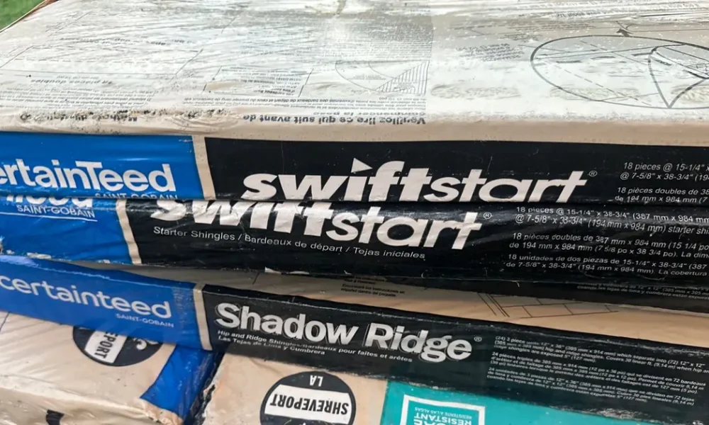 CertainTeed SwiftStart starter shingles and Shadow Ridge hip and ridge cap staged for the Slaughter roof replacement