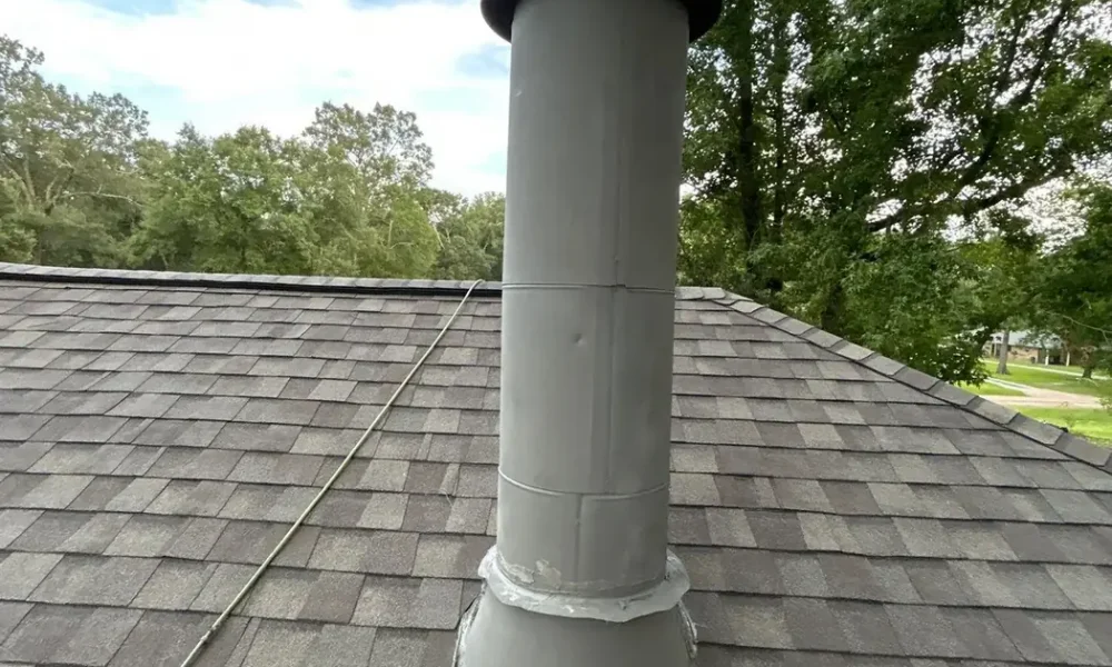 Newly flashed vent pipe penetration on a completed Zachary, Louisiana shingle roof