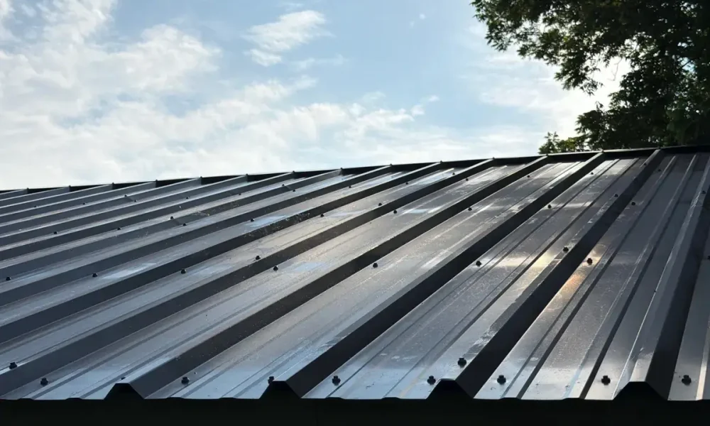 Close view of ribbed exposed-fastener metal panels at the eave of a Central, LA roof