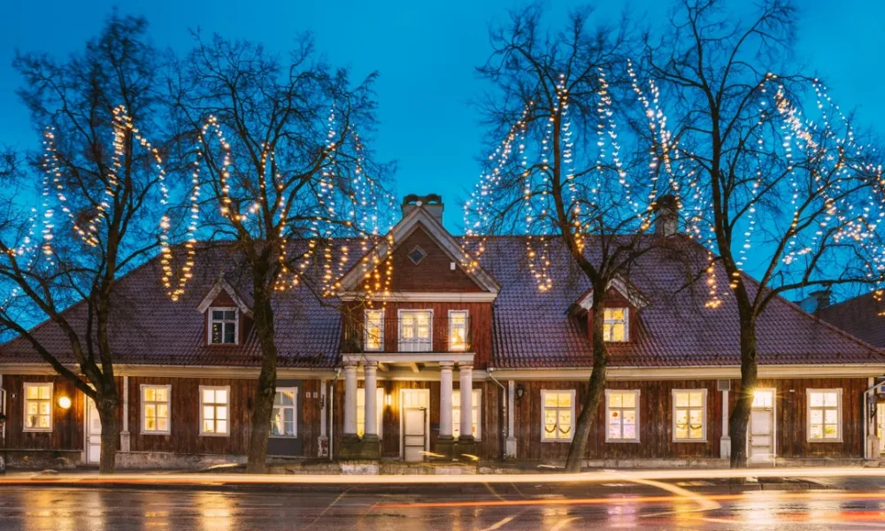wooden house estonia christmas lights
